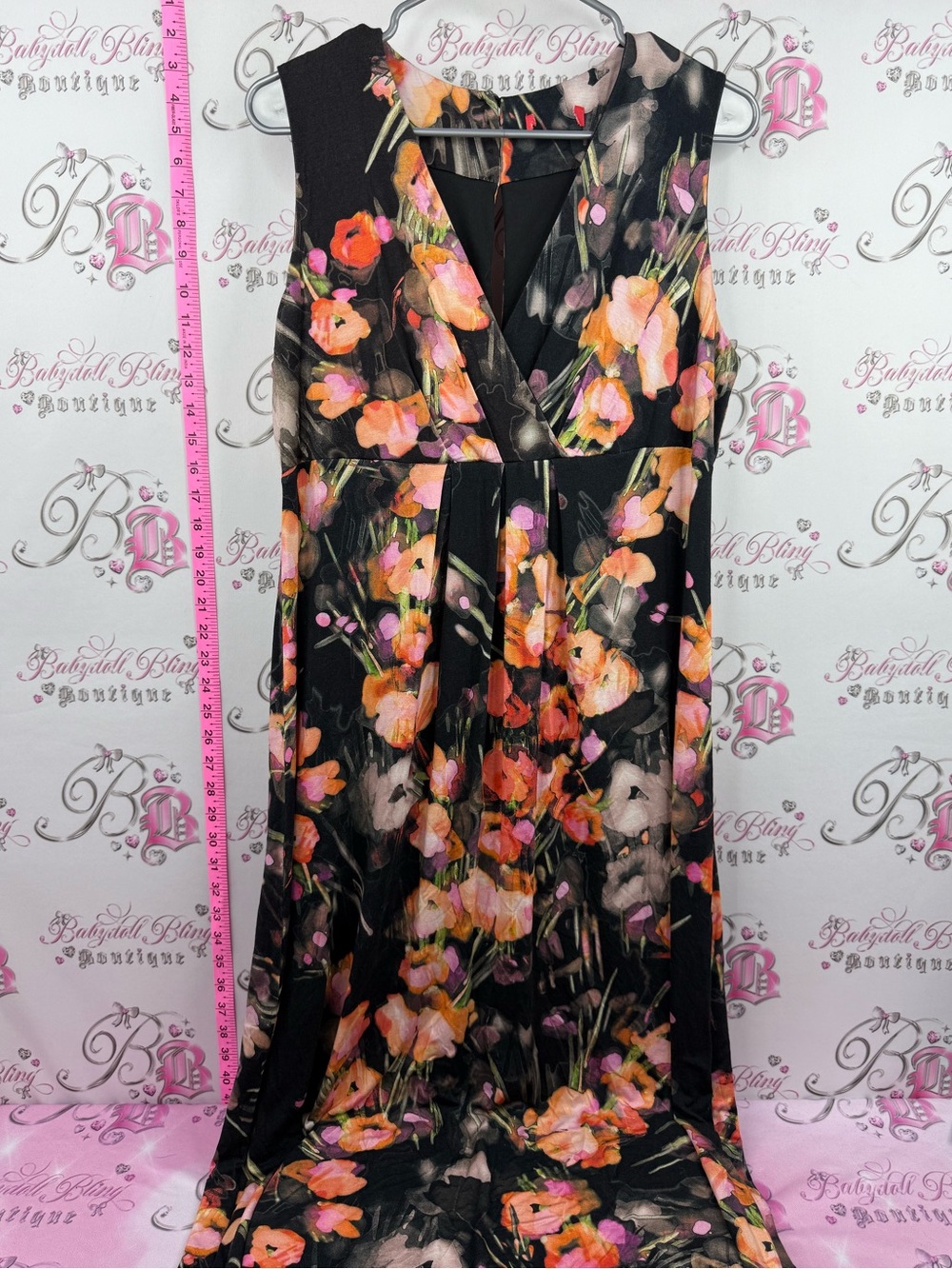 Dress long Floral V-Neck Sleeveless Maxi Dress - Black with Orange & Pink Bloom